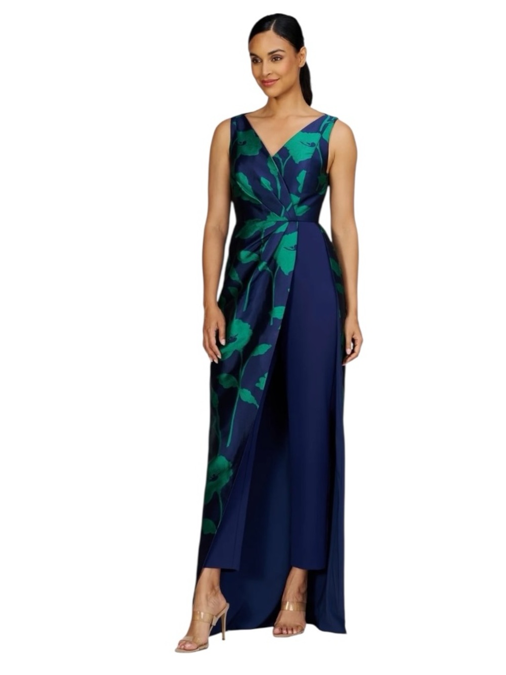 Kay Unger Valeria Walk Through Jumpsuit 10 NWT Navy Emerald Floral Jacquard